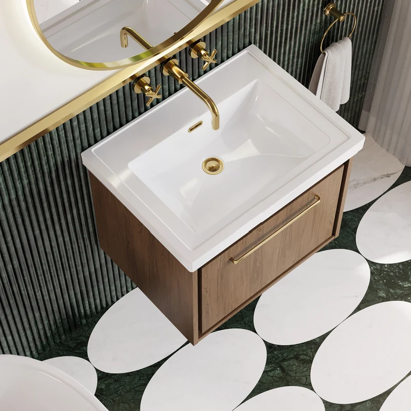 Lille 600mm Wall Hung 1 Drawer Vanity Unit & Traditional Fireclay Basin With No Tap Holes - Antique Oak Woodgrain