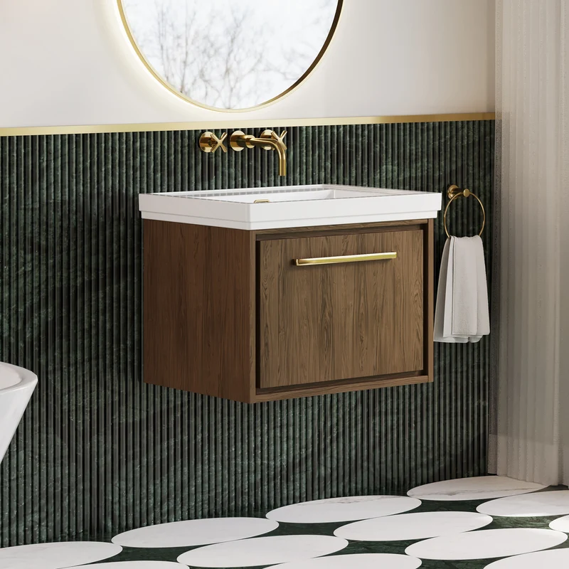 Lille 600mm Wall Hung 1 Drawer Vanity Unit & Traditional Fireclay Basin With No Tap Holes - Antique Oak Woodgrain