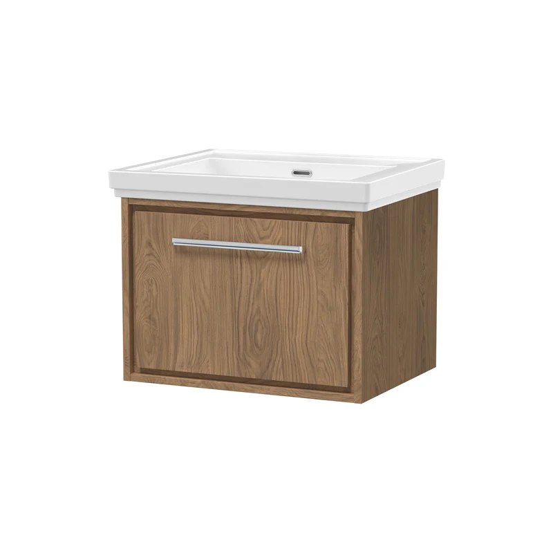 Lille 600mm Wall Hung 1 Drawer Vanity Unit & Traditional Fireclay Basin With No Tap Holes - Antique Oak Woodgrain