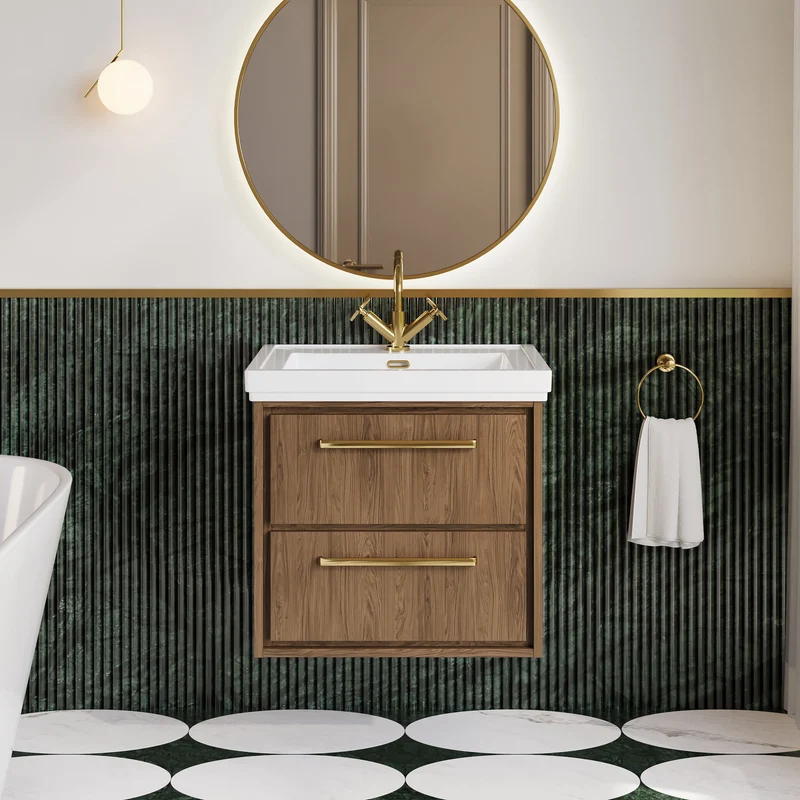 Lille 600mm Wall Hung 2 Drawer Vanity Unit & Traditional Fireclay Basin With 1 Tap Hole - Antique Oak Woodgrain