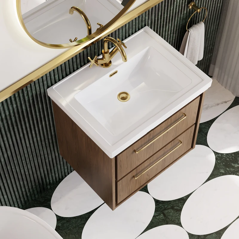 Lille 600mm Wall Hung 2 Drawer Vanity Unit & Traditional Fireclay Basin With 1 Tap Hole - Antique Oak Woodgrain