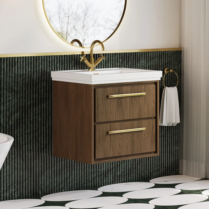 Lille 600mm Wall Hung 2 Drawer Vanity Unit & Traditional Fireclay Basin With 1 Tap Hole - Antique Oak Woodgrain