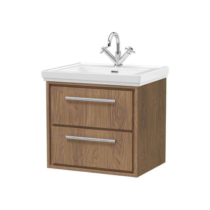 Lille 600mm Wall Hung 2 Drawer Vanity Unit & Traditional Fireclay Basin With 1 Tap Hole - Antique Oak Woodgrain