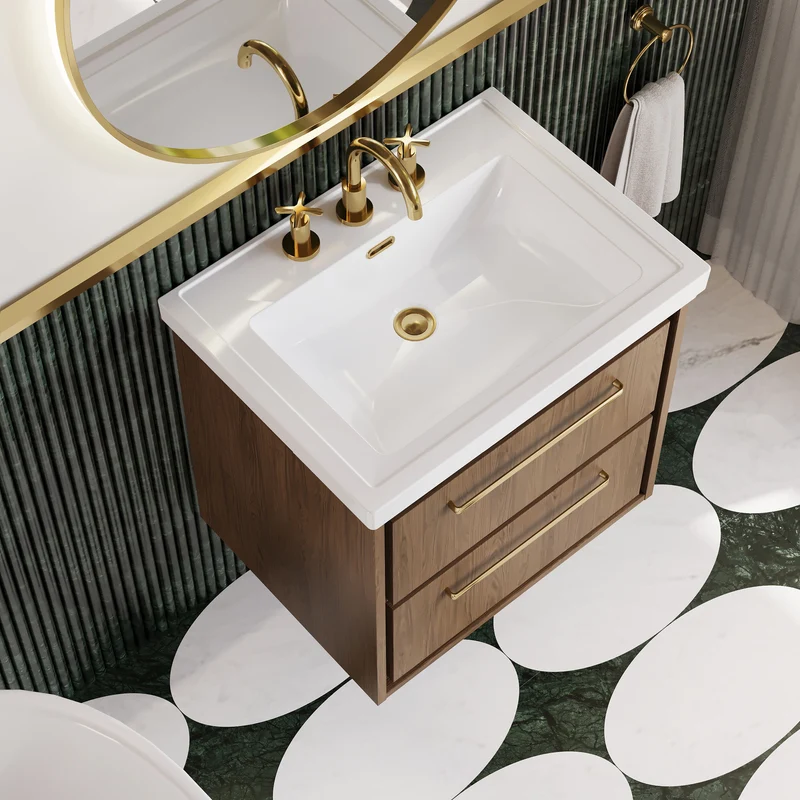 Lille 600mm Wall Hung 2 Drawer Vanity Unit & Traditional Fireclay Basin With 3 Tap Holes - Antique Oak Woodgrain