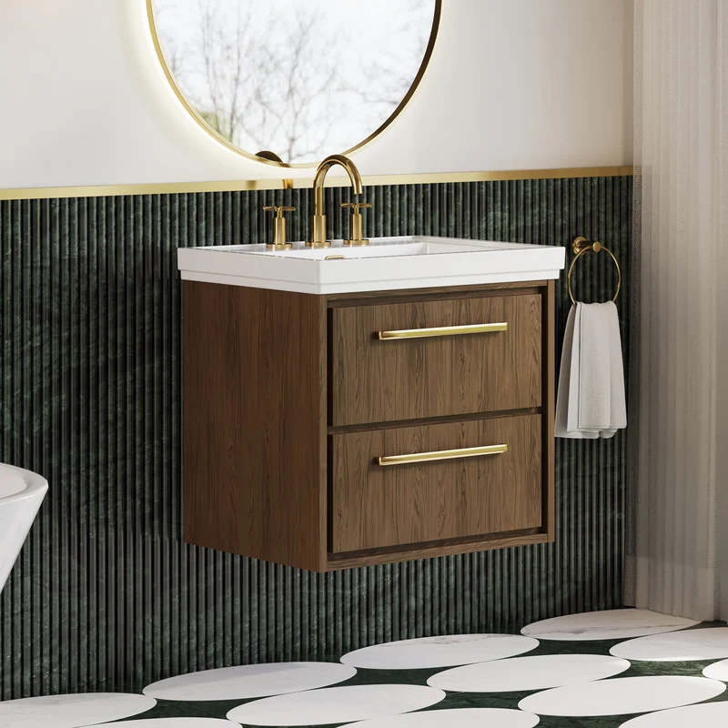 Lille 600mm Wall Hung 2 Drawer Vanity Unit & Traditional Fireclay Basin With 3 Tap Holes - Antique Oak Woodgrain