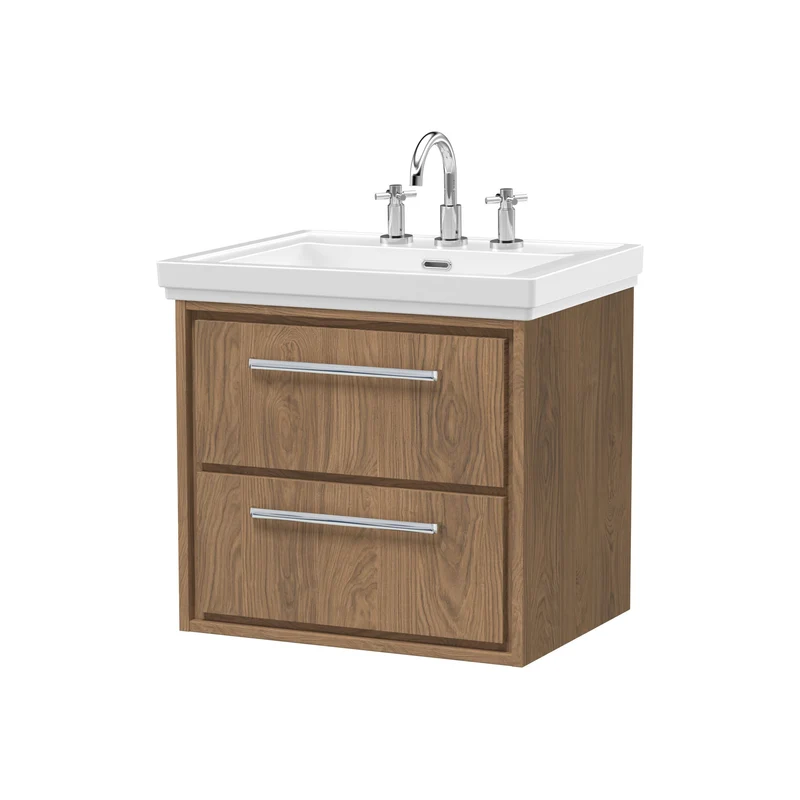 Lille 600mm Wall Hung 2 Drawer Vanity Unit & Traditional Fireclay Basin With 3 Tap Holes - Antique Oak Woodgrain