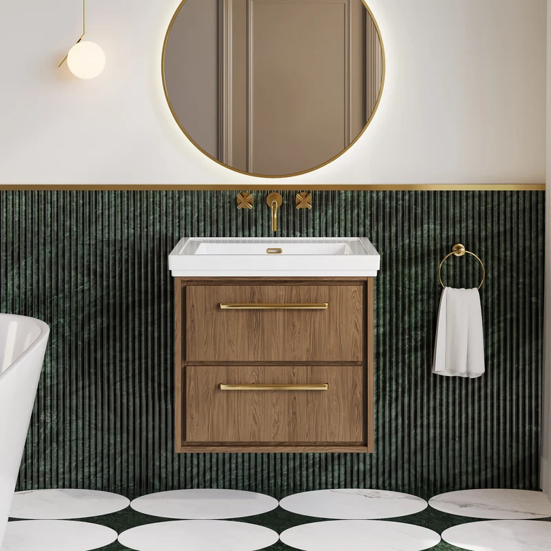 Lille 600mm Wall Hung 2 Drawer Vanity Unit & Traditional Fireclay Basin With No Tap Holes - Antique Oak Woodgrain