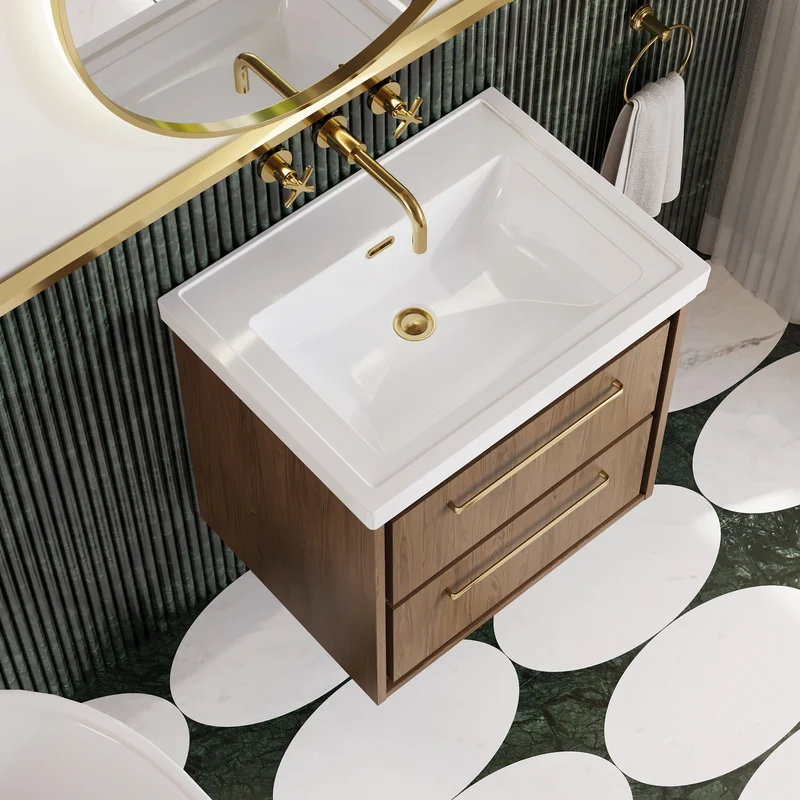 Lille 600mm Wall Hung 2 Drawer Vanity Unit & Traditional Fireclay Basin With No Tap Holes - Antique Oak Woodgrain