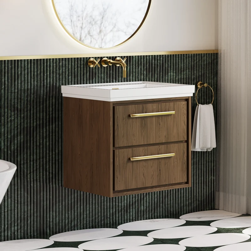 Lille 600mm Wall Hung 2 Drawer Vanity Unit & Traditional Fireclay Basin With No Tap Holes - Antique Oak Woodgrain