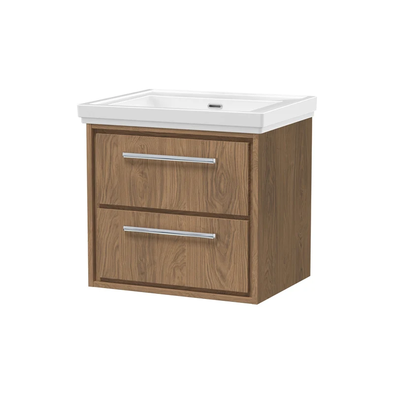 Lille 600mm Wall Hung 2 Drawer Vanity Unit & Traditional Fireclay Basin With No Tap Holes - Antique Oak Woodgrain