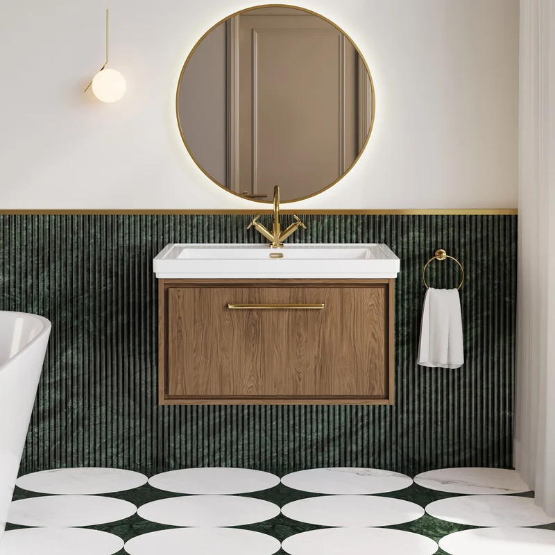 Lille 800mm Wall Hung 1 Drawer Vanity Unit & Traditional Fireclay Basin With 1 Tap Hole - Antique Oak Woodgrain