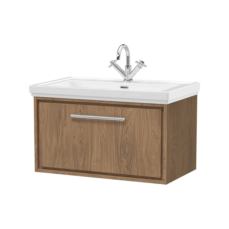 Lille 800mm Wall Hung 1 Drawer Vanity Unit & Traditional Fireclay Basin With 1 Tap Hole - Antique Oak Woodgrain