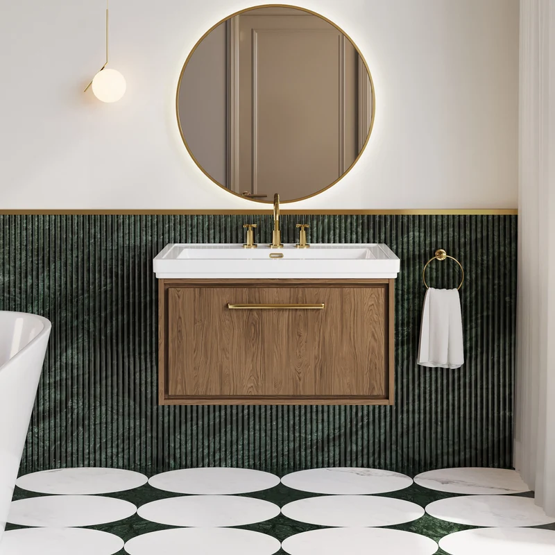 Lille 800mm Wall Hung 1 Drawer Vanity Unit & Traditional Fireclay Basin With 3 Tap Holes - Antique Oak Woodgrain