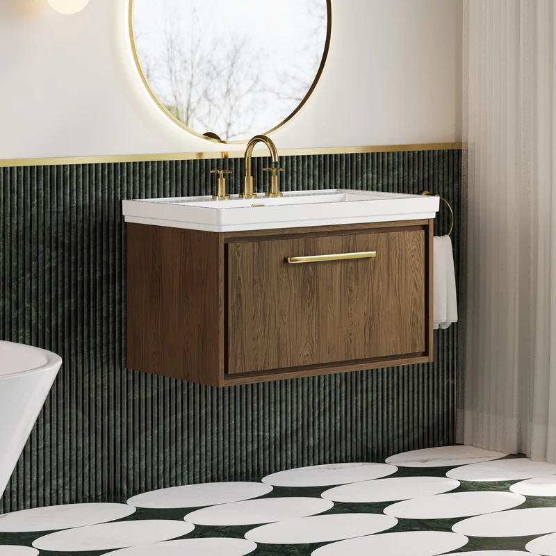 Lille 800mm Wall Hung 1 Drawer Vanity Unit & Traditional Fireclay Basin With 3 Tap Holes - Antique Oak Woodgrain