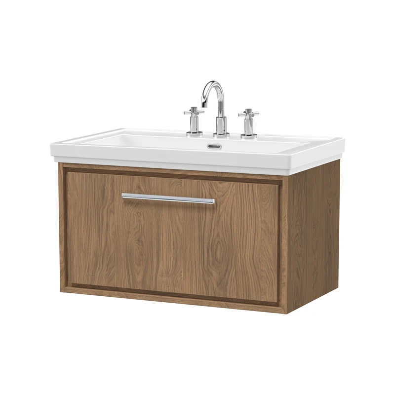 Lille 800mm Wall Hung 1 Drawer Vanity Unit & Traditional Fireclay Basin With 3 Tap Holes - Antique Oak Woodgrain