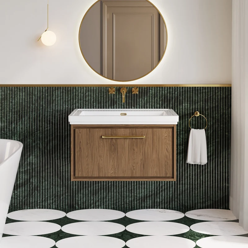 Lille 800mm Wall Hung 1 Drawer Vanity Unit & Traditional Fireclay Basin With No Tap Holes - Antique Oak Woodgrain
