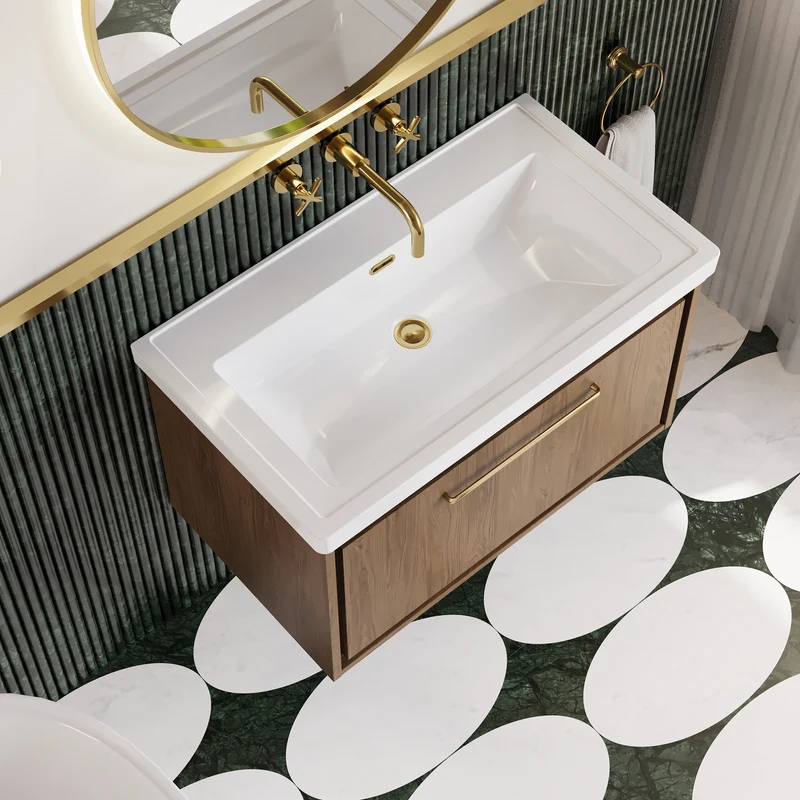 Lille 800mm Wall Hung 1 Drawer Vanity Unit & Traditional Fireclay Basin With No Tap Holes - Antique Oak Woodgrain
