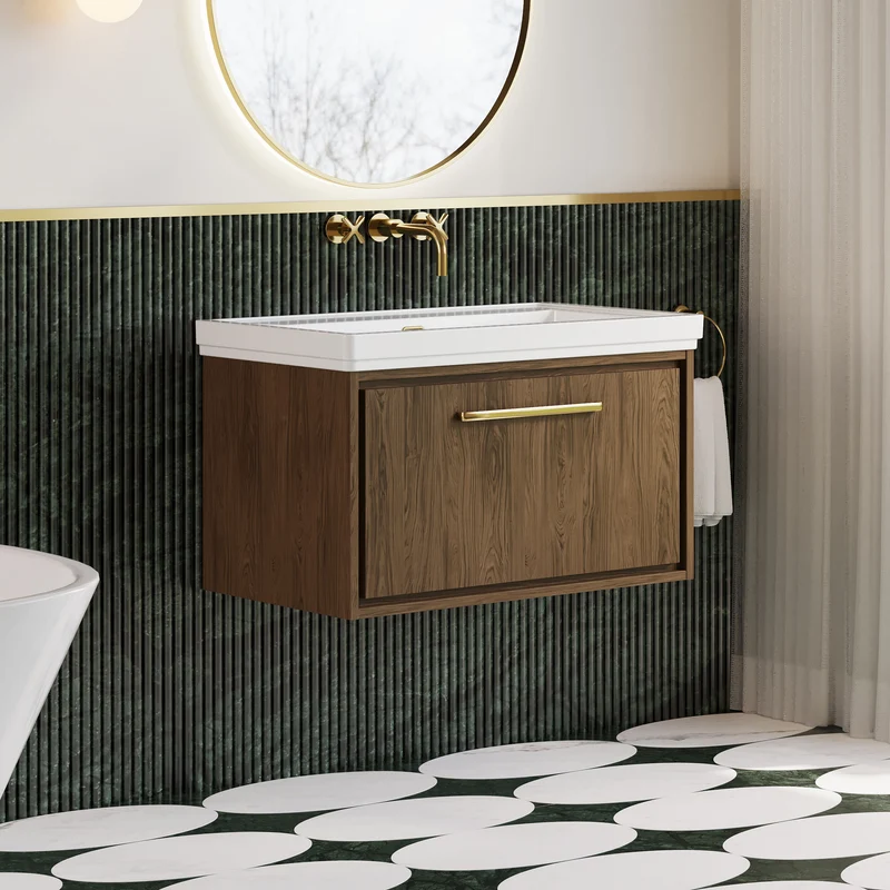 Lille 800mm Wall Hung 1 Drawer Vanity Unit & Traditional Fireclay Basin With No Tap Holes - Antique Oak Woodgrain