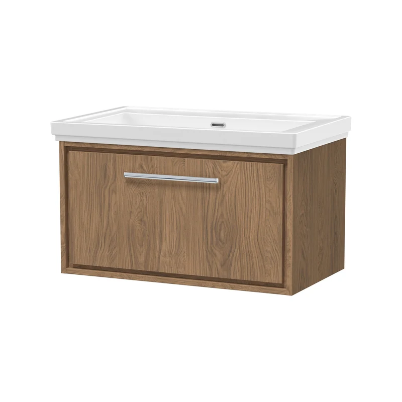 Lille 800mm Wall Hung 1 Drawer Vanity Unit & Traditional Fireclay Basin With No Tap Holes - Antique Oak Woodgrain