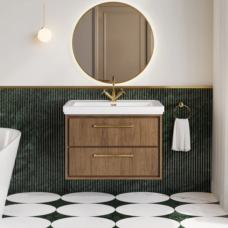 Lille 800mm Wall Hung 2 Drawer Vanity Unit & Traditional Fireclay Basin With 1 Tap Hole - Antique Oak Woodgrain