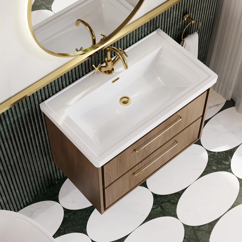 Lille 800mm Wall Hung 2 Drawer Vanity Unit & Traditional Fireclay Basin With 1 Tap Hole - Antique Oak Woodgrain