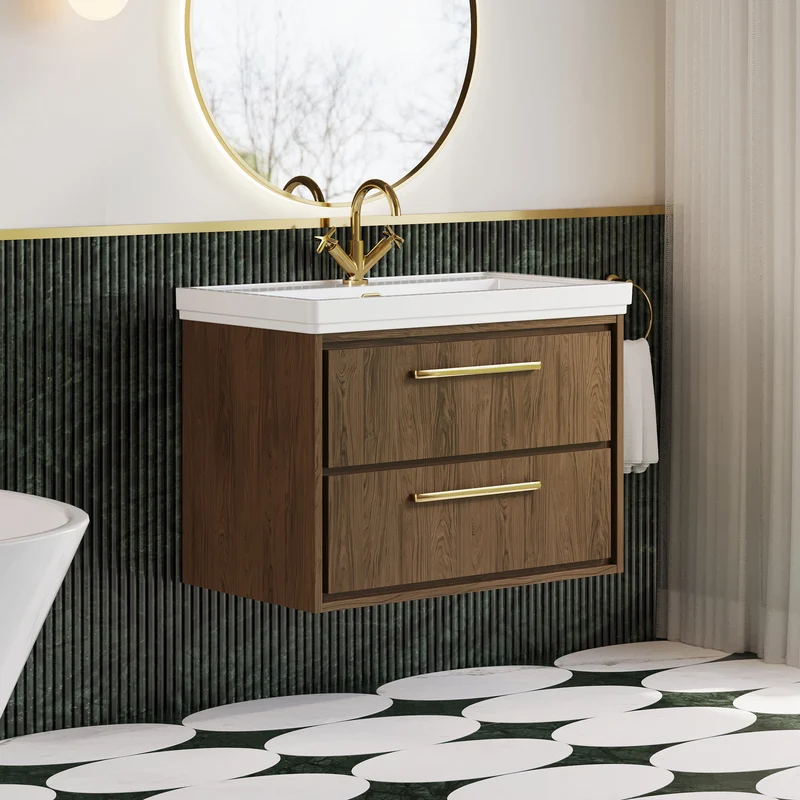 Lille 800mm Wall Hung 2 Drawer Vanity Unit & Traditional Fireclay Basin With 1 Tap Hole - Antique Oak Woodgrain