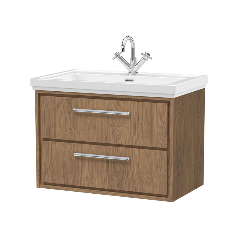 Lille 800mm Wall Hung 2 Drawer Vanity Unit & Traditional Fireclay Basin With 1 Tap Hole - Antique Oak Woodgrain
