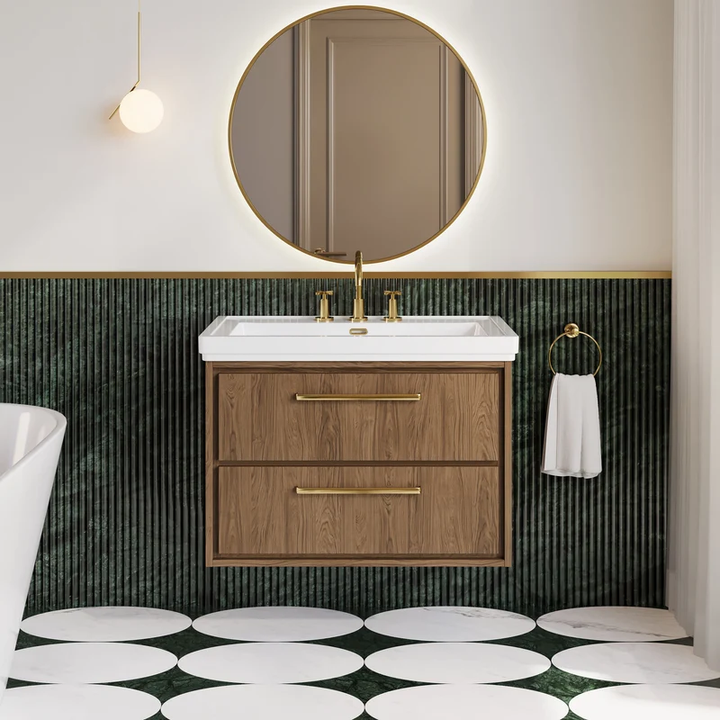 Lille 800mm Wall Hung 2 Drawer Vanity Unit & Traditional Fireclay Basin With 3 Tap Holes - Antique Oak Woodgrain