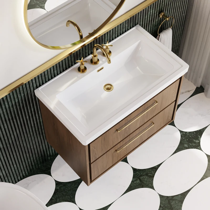 Lille 800mm Wall Hung 2 Drawer Vanity Unit & Traditional Fireclay Basin With 3 Tap Holes - Antique Oak Woodgrain