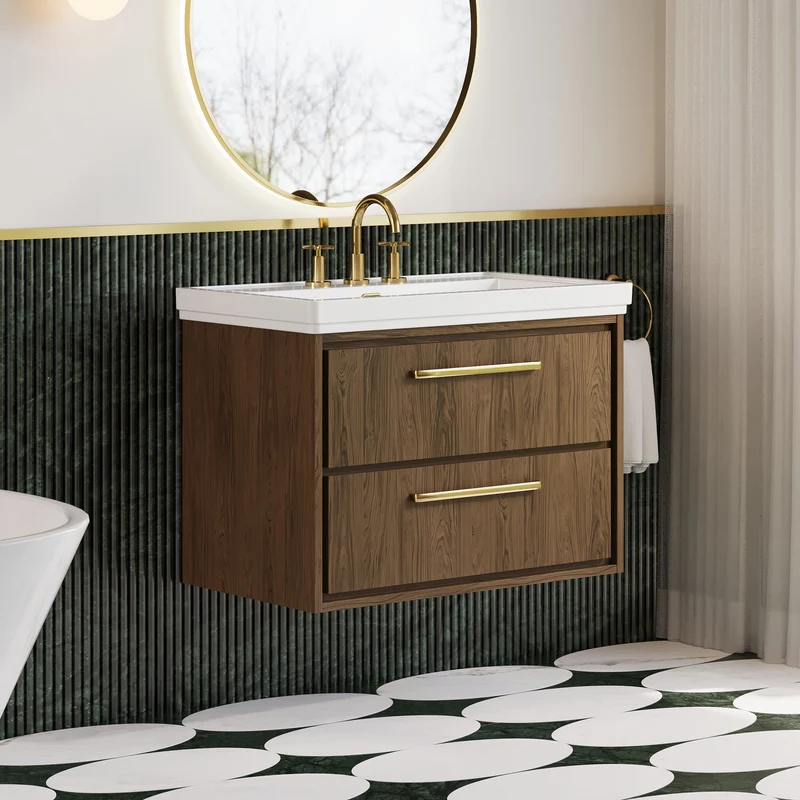 Lille 800mm Wall Hung 2 Drawer Vanity Unit & Traditional Fireclay Basin With 3 Tap Holes - Antique Oak Woodgrain
