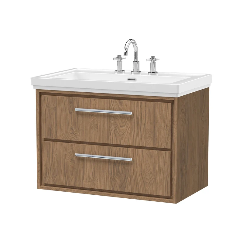 Lille 800mm Wall Hung 2 Drawer Vanity Unit & Traditional Fireclay Basin With 3 Tap Holes - Antique Oak Woodgrain