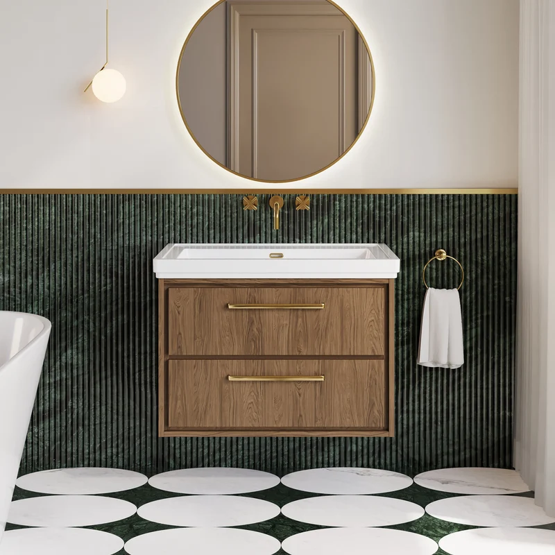 Lille 800mm Wall Hung 2 Drawer Vanity Unit & Traditional Fireclay Basin With No Tap Holes - Antique Oak Woodgrain