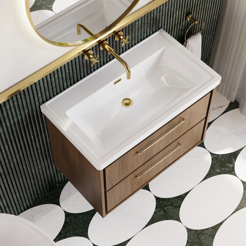 Lille 800mm Wall Hung 2 Drawer Vanity Unit & Traditional Fireclay Basin With No Tap Holes - Antique Oak Woodgrain