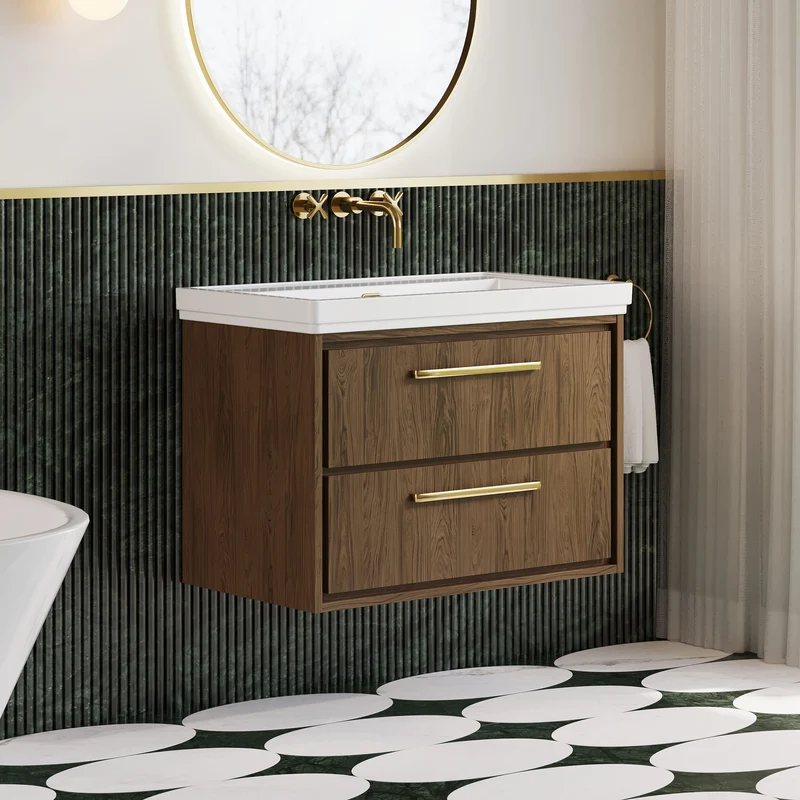 Lille 800mm Wall Hung 2 Drawer Vanity Unit & Traditional Fireclay Basin With No Tap Holes - Antique Oak Woodgrain