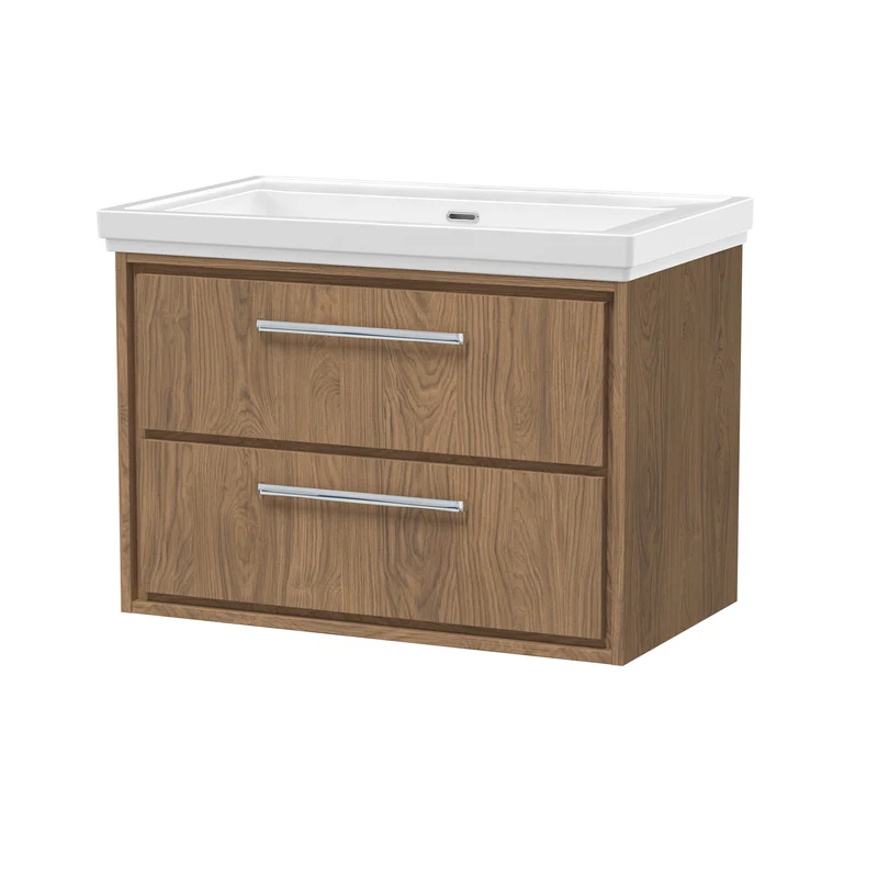 Lille 800mm Wall Hung 2 Drawer Vanity Unit & Traditional Fireclay Basin With No Tap Holes - Antique Oak Woodgrain