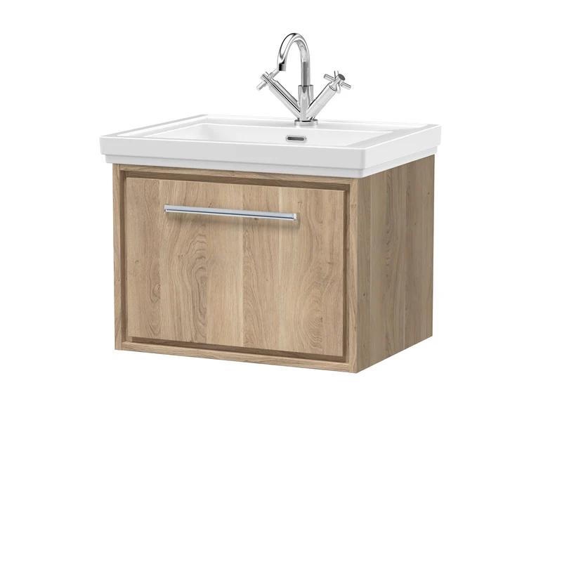 Lille 600mm Wall Hung 1 Drawer Vanity Unit & Traditional Fireclay Basin With 1 Tap Hole - Bleached Oak Woodgrain
