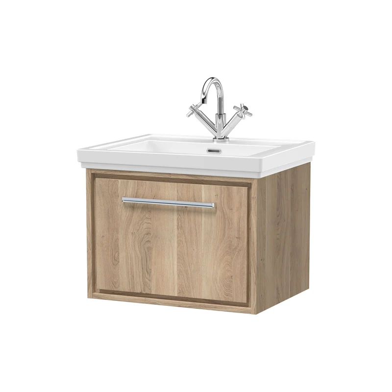 Lille 600mm Wall Hung 1 Drawer Vanity Unit & Traditional Fireclay Basin With 1 Tap Hole - Bleached Oak Woodgrain