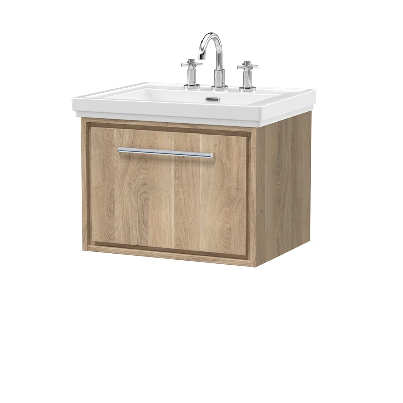 Lille 600mm Wall Hung 1 Drawer Vanity Unit & Traditional Fireclay Basin With 3 Tap Holes - Bleached Oak Woodgrain