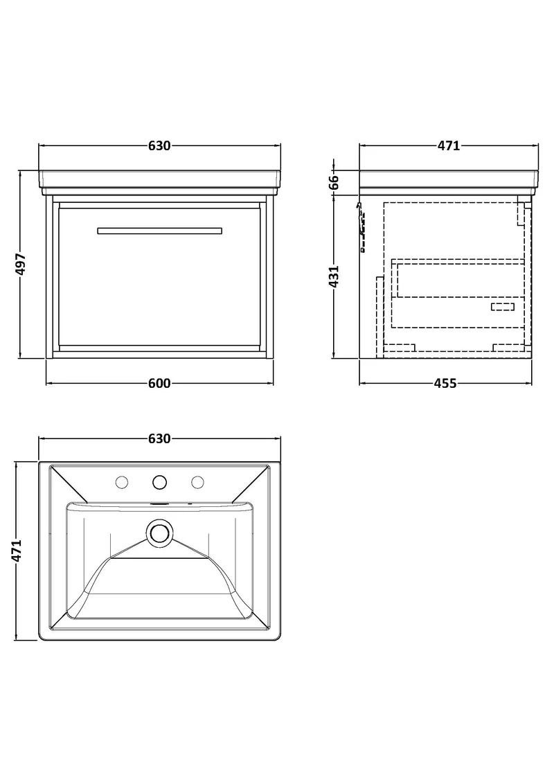 Lille 600mm Wall Hung 1 Drawer Vanity Unit & Traditional Fireclay Basin With 3 Tap Holes - Bleached Oak Woodgrain