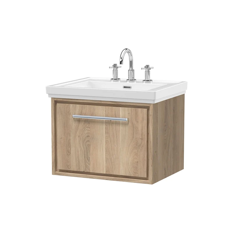 Lille 600mm Wall Hung 1 Drawer Vanity Unit & Traditional Fireclay Basin With 3 Tap Holes - Bleached Oak Woodgrain