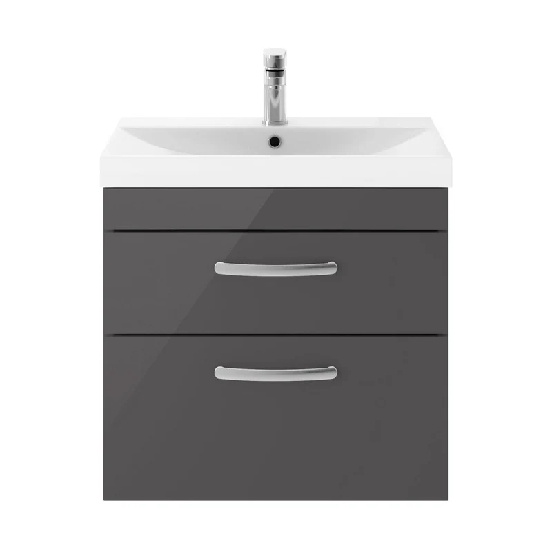 Nuie Athena 600mm Wall Hung Cabinet With Basin 3 Contemporary Gloss Grey MFC 589x610x390mm