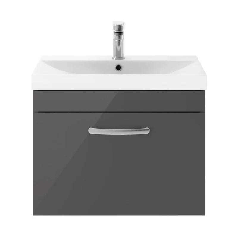 Nuie Athena 600mm Wall Hung Cabinet With Basin 3 Contemporary Gloss Grey MFC 481x610x390mm