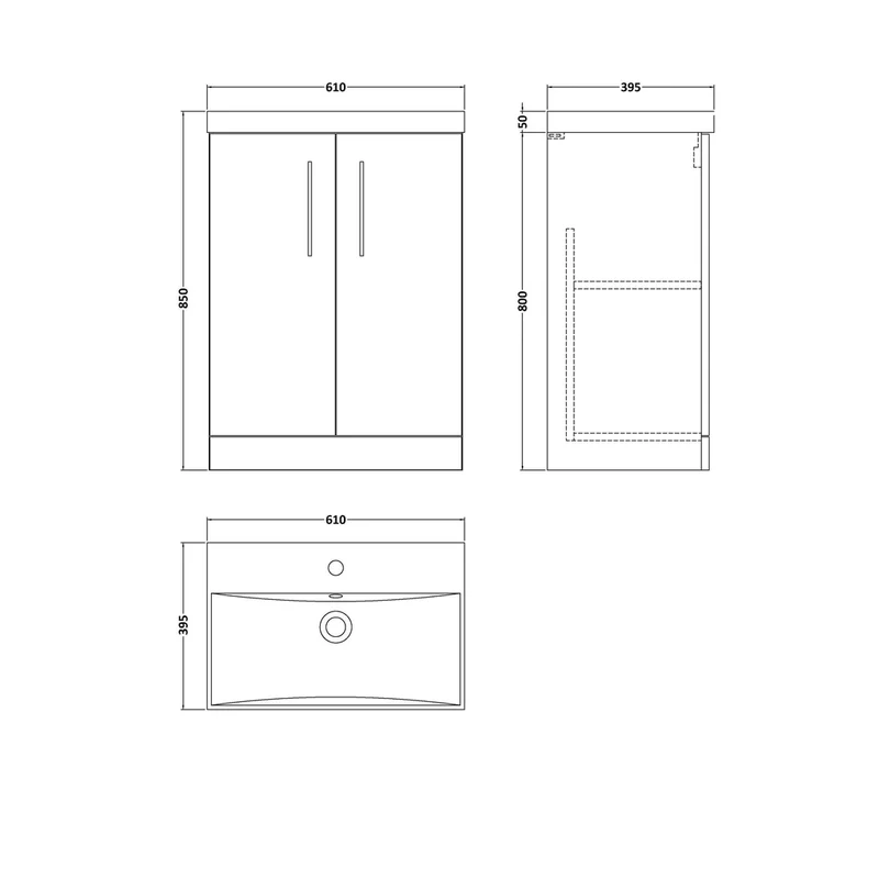 Nuie Arno 600mm Floor Standing 2 Door Vanity & Basin 3 Contemporary Solace Oak MFC 850x610x395mm