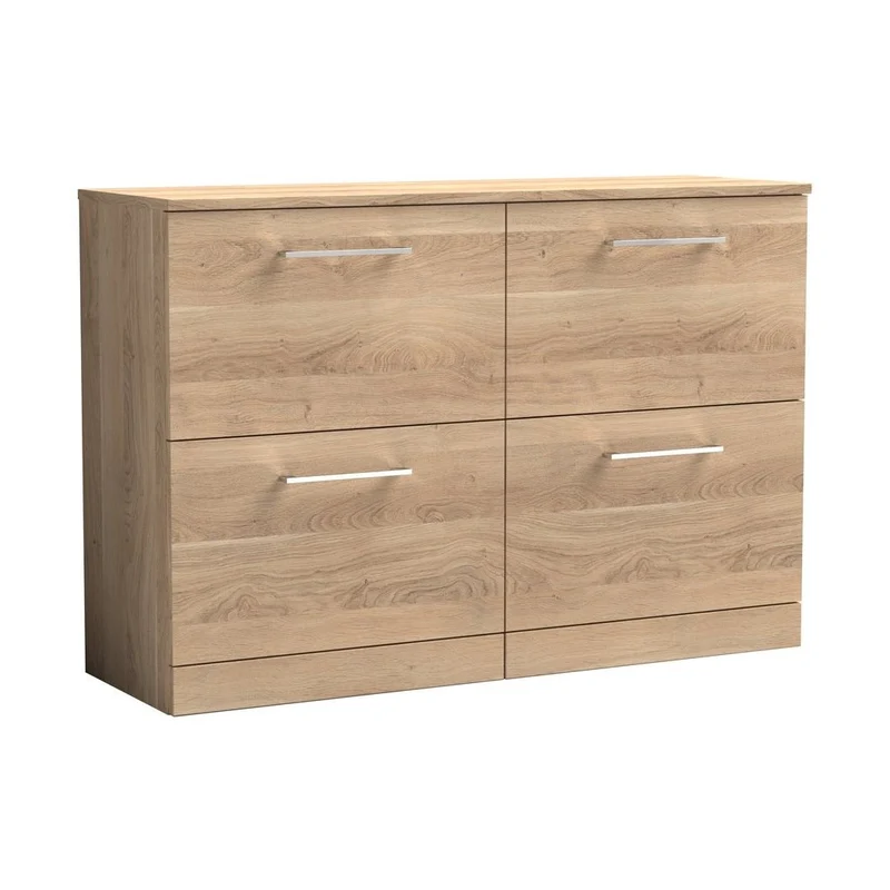 Nuie Arno 1200mm Floor Standing 4-drawer Vanity & Worktop Contemporary Bleached Oak MFC Textured Woodgrain 818x1205x390mm