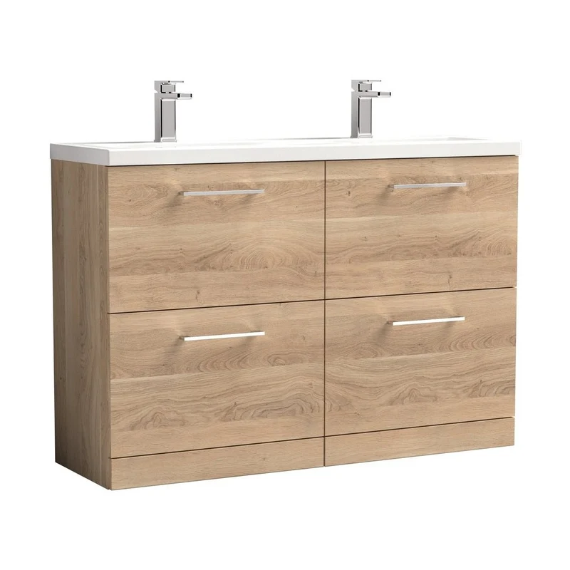 Nuie Arno 1200mm Floor Standing 4-drawer Vanity & Double Basin Contemporary Bleached Oak MFC Textured Woodgrain 850x1205x383mm