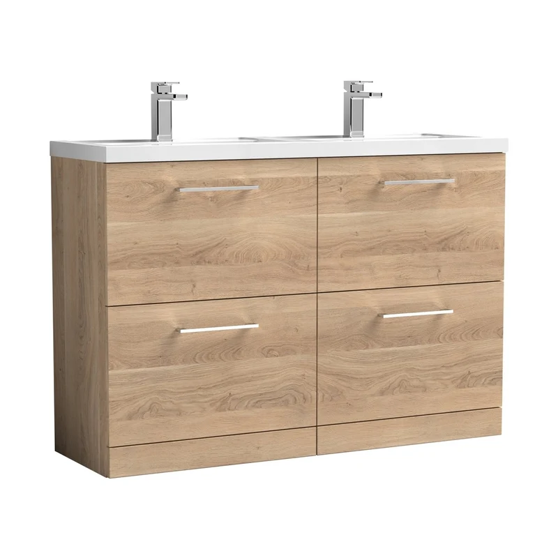 Nuie Arno 1200mm Floor Standing 4-drawer Vanity & Double Basin Contemporary Bleached Oak MFC Textured Woodgrain 840x1205x383mm