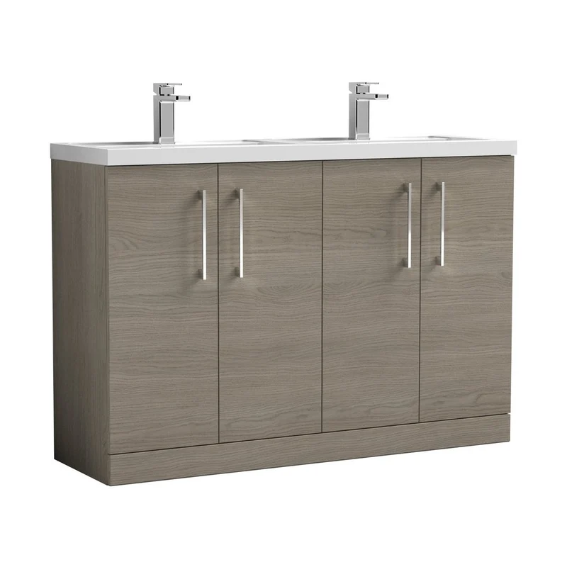 Nuie Arno 1200mm Floor Standing 4 Door Vanity & Double Basin Contemporary Solace Oak MFC Textured Woodgrain 840x1205x383mm - ARN2503C