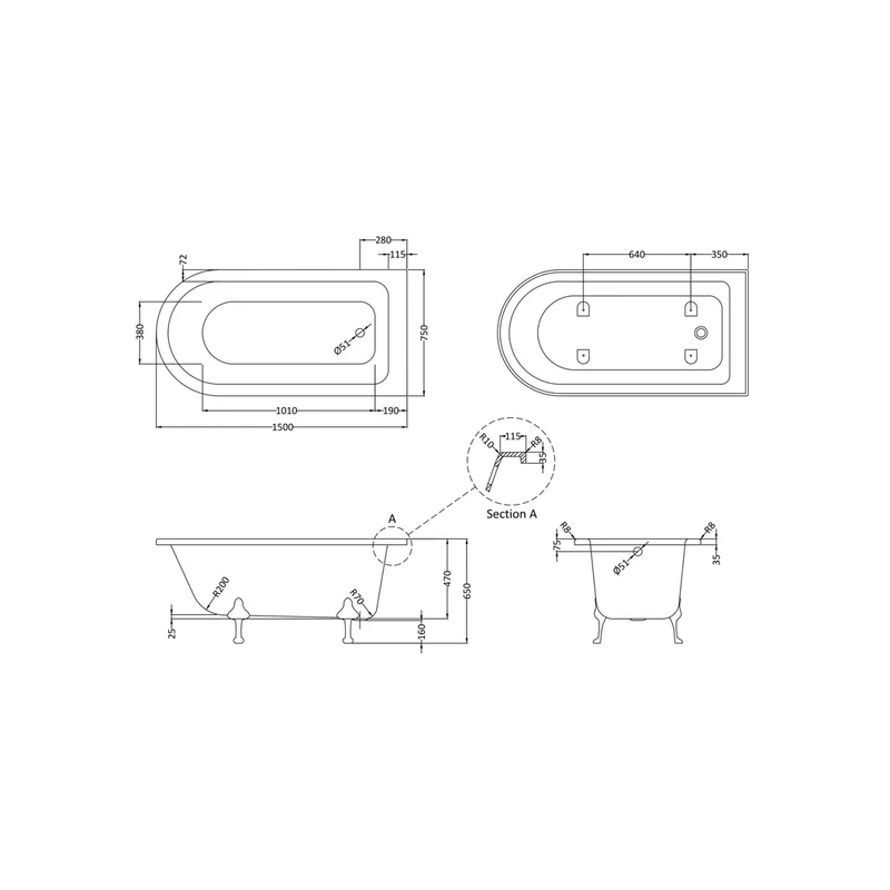 Hudson Reed Winterburn Freestanding Shower Bath - Pride Leg Set (1500mm) Trad White Acrylic