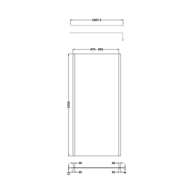 Hudson Reed Wetroom Screens 900mm Outer Framed Wetroom Screen With Support Bar Contemp Brushed Brass Aluminium 1950x900x14mm
