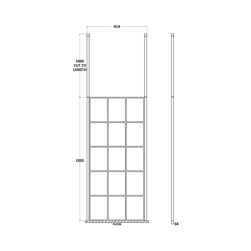 Hudson Reed Wetroom Screens 900mm Frame Screen With Ceiling Posts Contemp Matt Black Aluminium 1950x900x14mm
